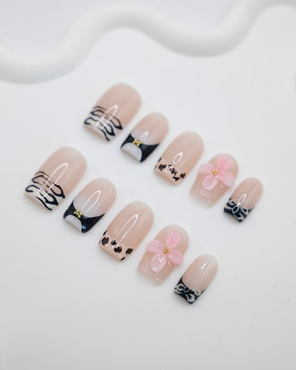 Short Coffin Animal Print French Flower Press On Nails