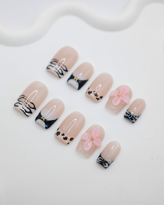 Short Coffin Animal Print French Flower Press On Nails