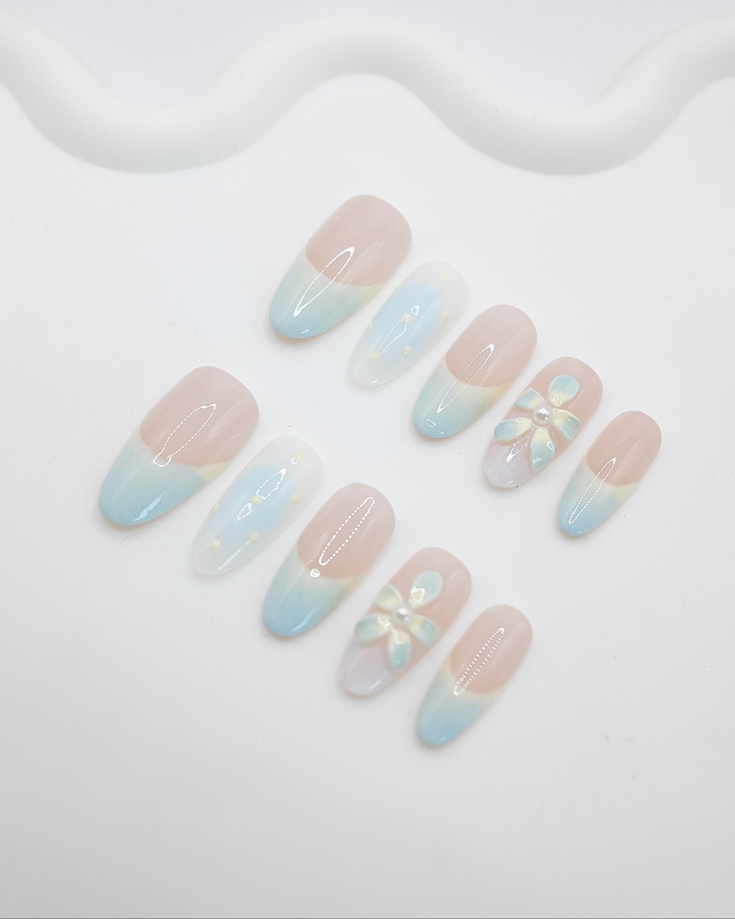 Long Almond Mint Blue Flower French Press On Nails