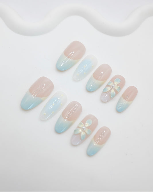 Long Almond Mint Blue Flower French Press On Nails