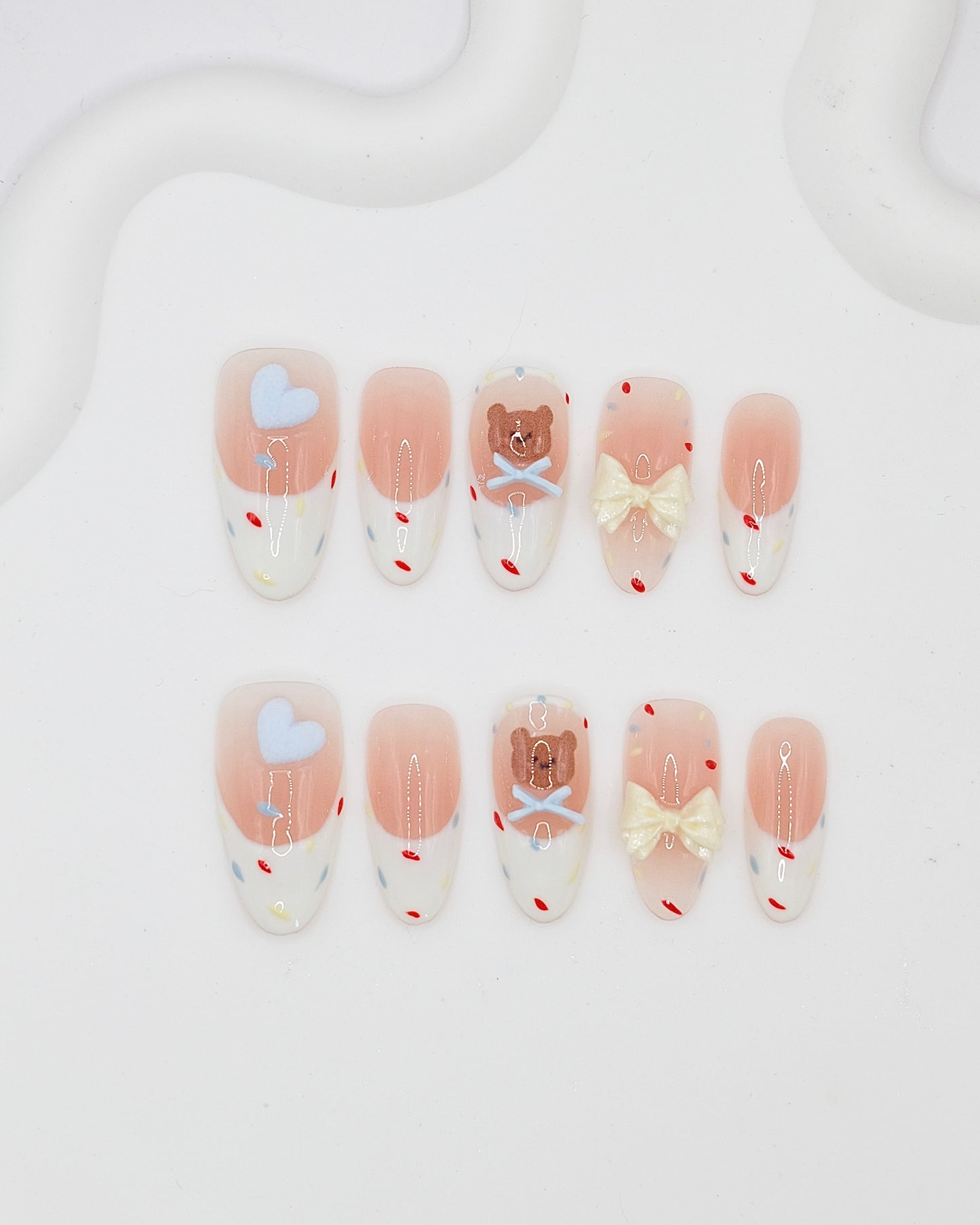 Long Almond Teddy Bear Confetti Press On Nails