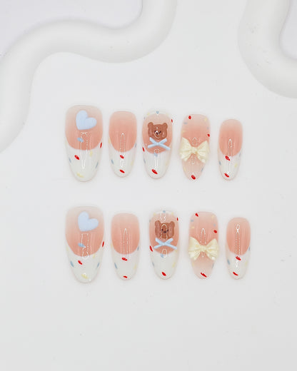 Long Almond Teddy Bear Confetti Press On Nails