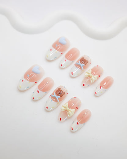 Long Almond Teddy Bear Confetti Press On Nails