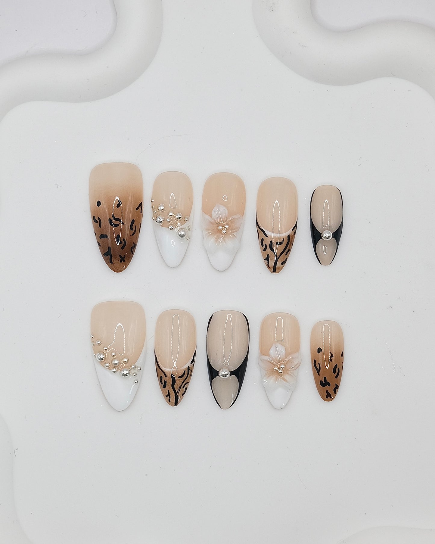 Long Almond Leopard Pearl Flower Press On Nails