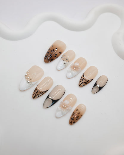 Long Almond Leopard Pearl Flower Press On Nails