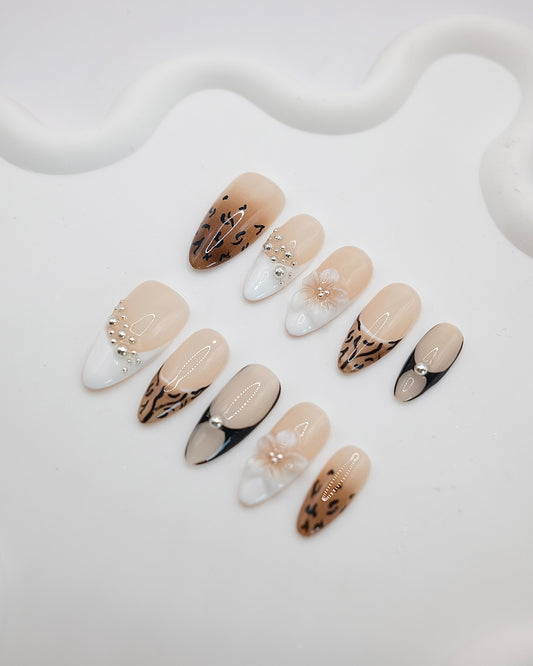 Long Almond Leopard Pearl Flower Press On Nails