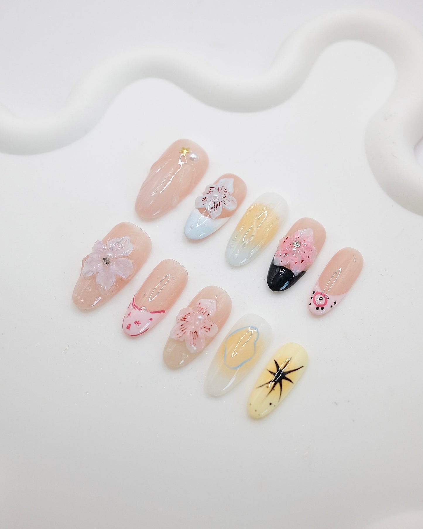 Long Almond Sakura Blossom Press On Nails