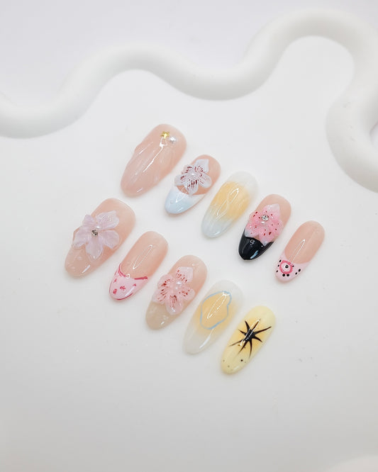 Long Almond Sakura Blossom Press On Nails