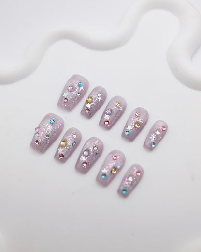 Mid-Long Coffin Purple Cateye Colorful Gem Press On Nails