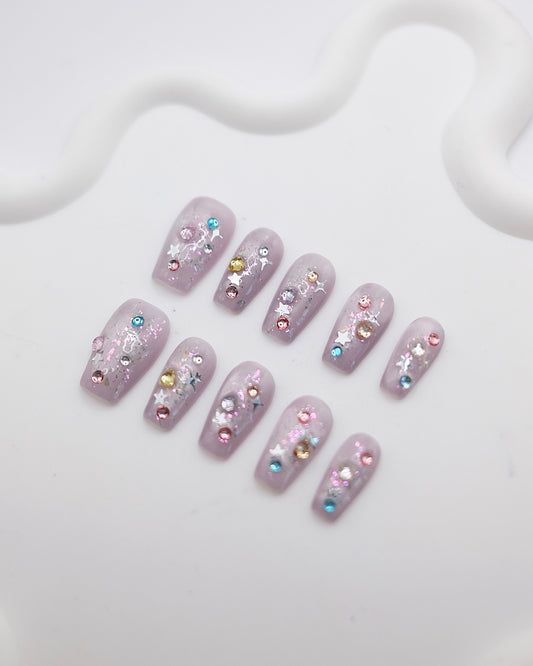 Mid-Long Coffin Purple Cateye Colorful Gem Press On Nails