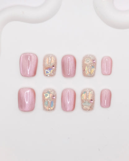 Short Coffin Pink & Gold Cateye With Diamond Press On Nails