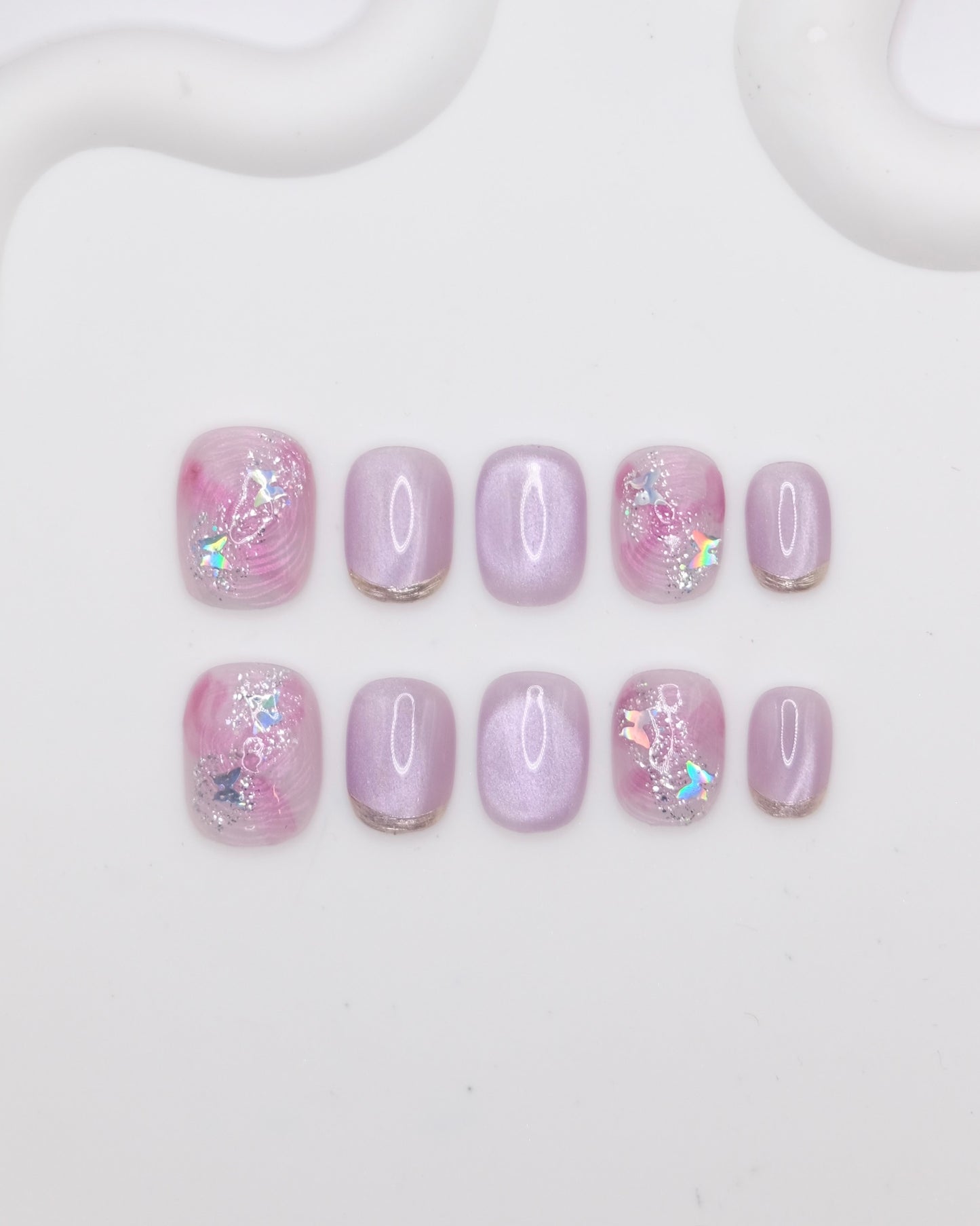 Short Purple Shiny Cateye Press On Nails