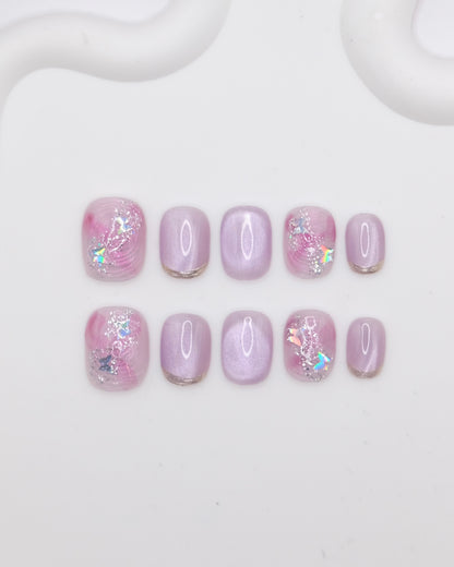 Short Purple Shiny Cateye Press On Nails