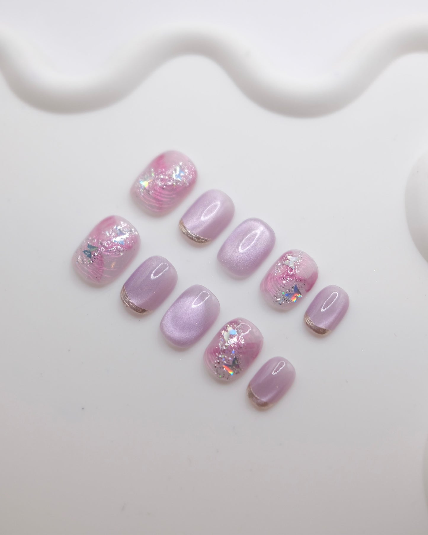 Short Purple Shiny Cateye Press On Nails
