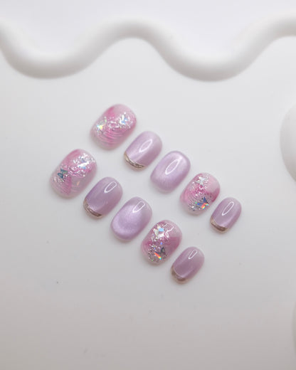 Short Purple Shiny Cateye Press On Nails