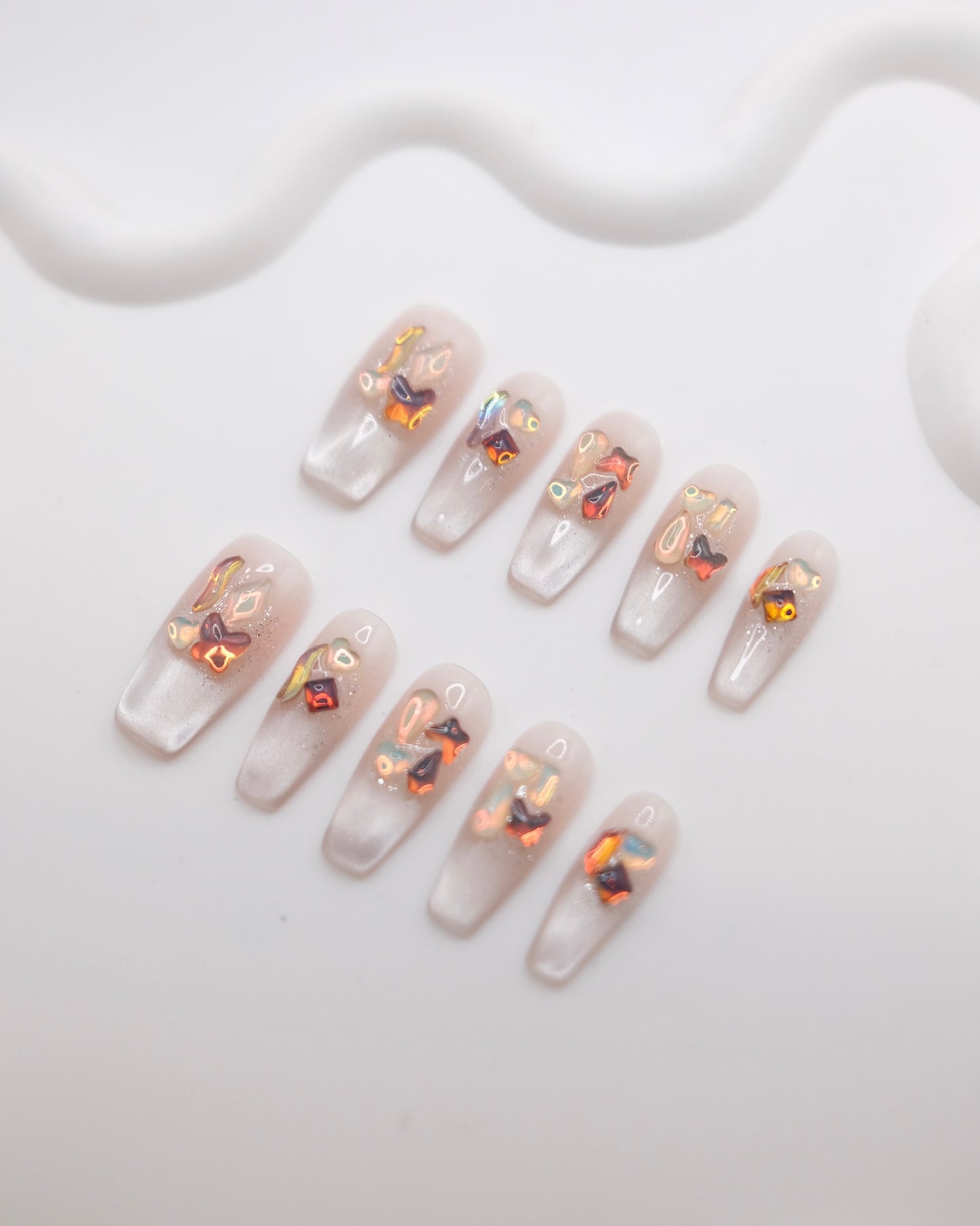 Long Coffin Nude Color Base & Colorful Gem With White French Manicure Press On Nails