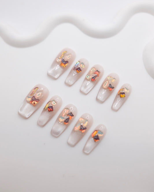 Long Coffin Nude Color Base & Colorful Gem With White French Manicure Press On Nails