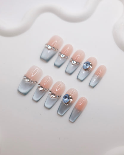 Long Coffin Pink & Blue Cateye With Diamond French Manicure Press On Nails