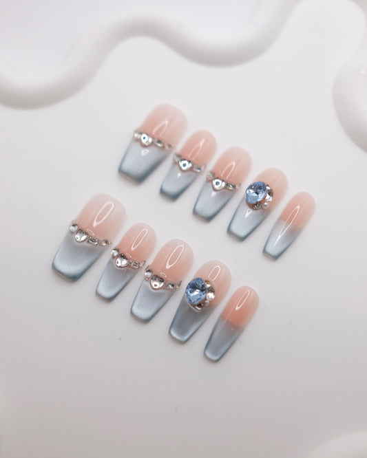 Long Coffin Pink & Blue Cateye With Diamond French Manicure Press On Nails