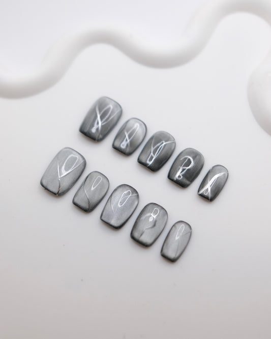 Short Coffin Black Obsidian Cateye Press On Nails