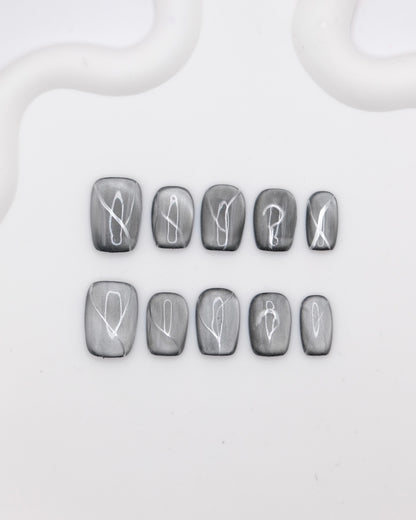 Short Coffin Black Obsidian Cateye Press On Nails