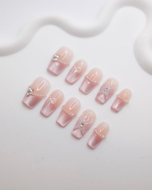 Mid-Long Coffin Pink Cateye Butterfly Press On Nails