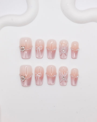 Mid-Long Coffin Pink Cateye Butterfly Press On Nails