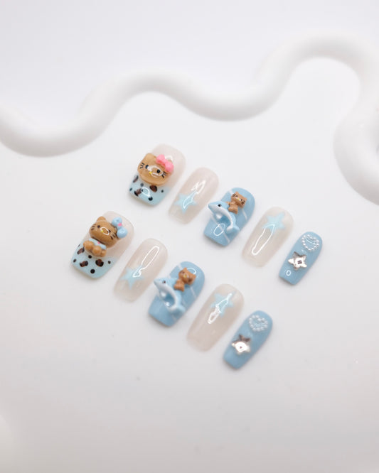 Mid-Long Coffin Blue Summer Hello Kitty Press On Nails