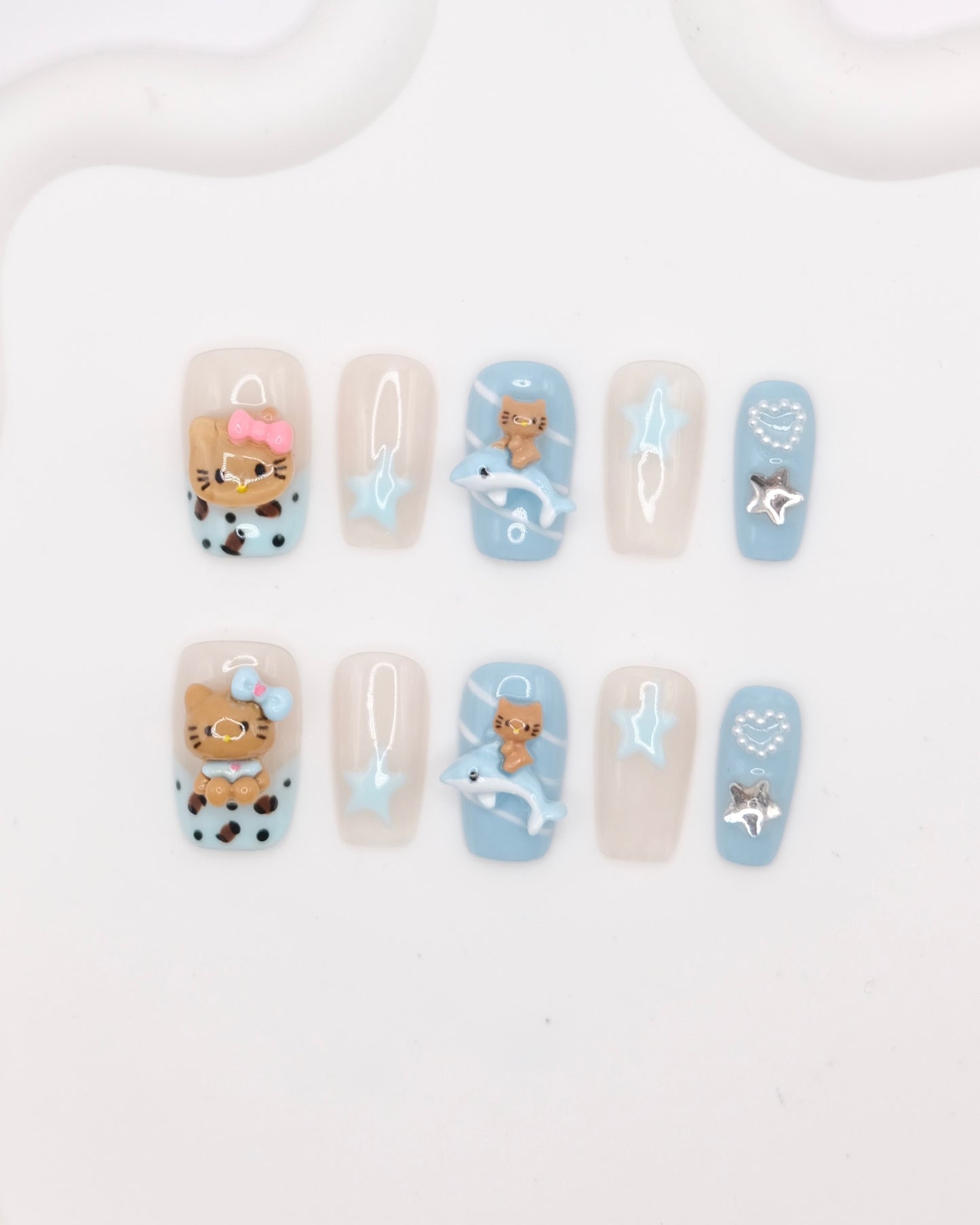 Mid-Long Coffin Blue Summer Hello Kitty Press On Nails