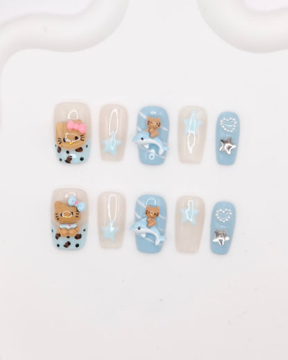 Mid-Long Coffin Blue Summer Hello Kitty Press On Nails