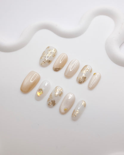 Mid-Long Almond Gold & White Cateye Embossed Flower Press On Nails