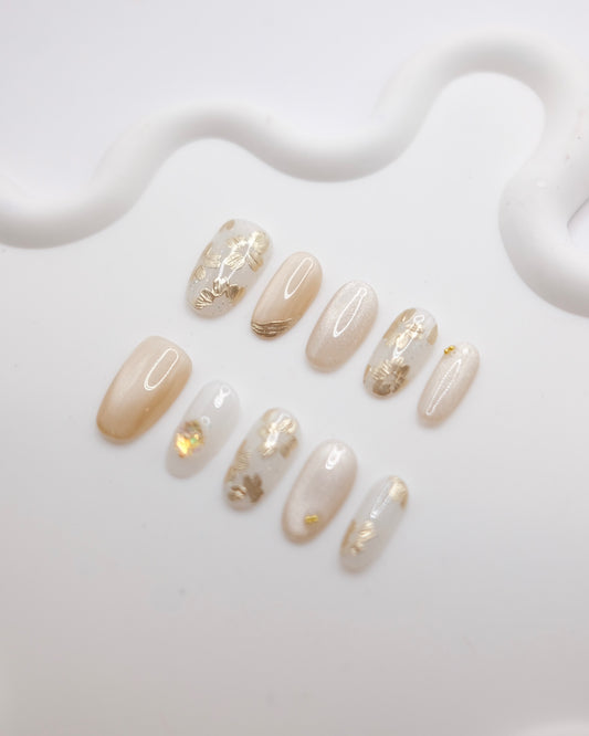 Mid-Long Almond Gold & White Cateye Embossed Flower Press On Nails