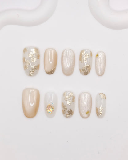 Mid-Long Almond Gold & White Cateye Embossed Flower Press On Nails
