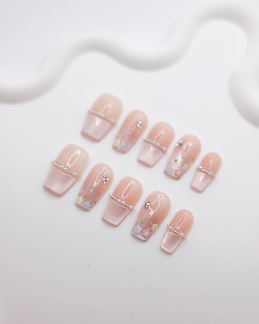 Mid-Long Coffin Pink Cateye French Manicure Press On Nails