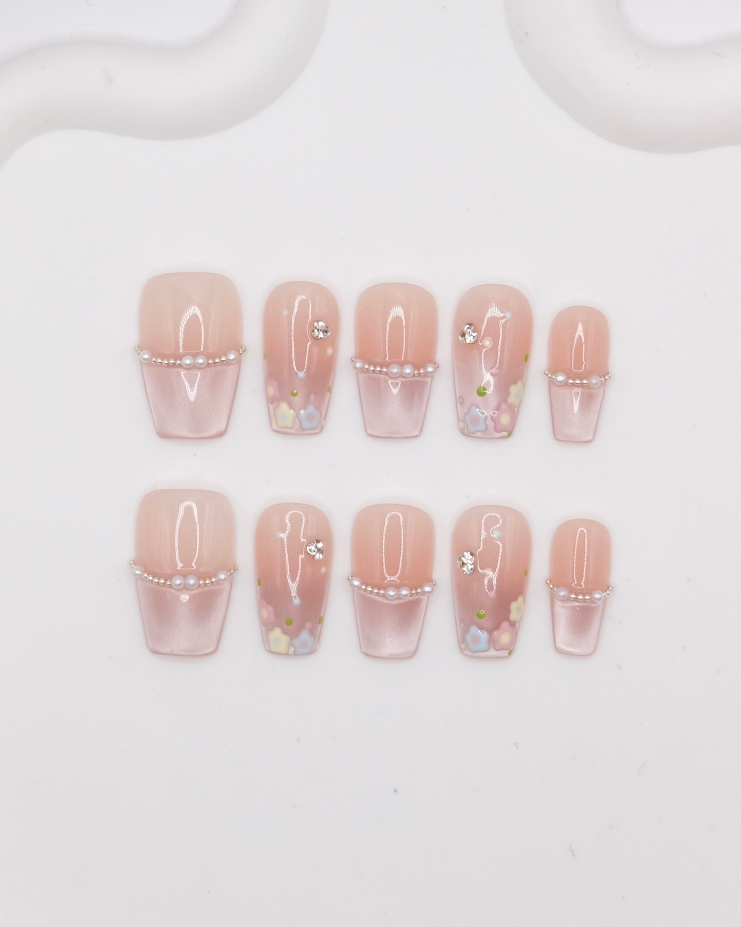Mid-Long Coffin Pink Cateye French Manicure Press On Nails