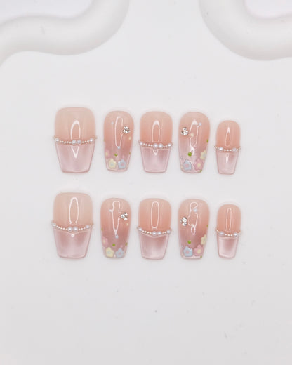 Mid-Long Coffin Pink Cateye French Manicure Press On Nails