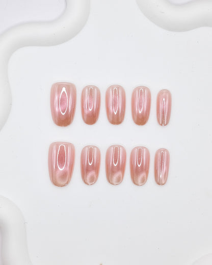 Short Oval Pink Glazed Cat-Eye Press On Nails