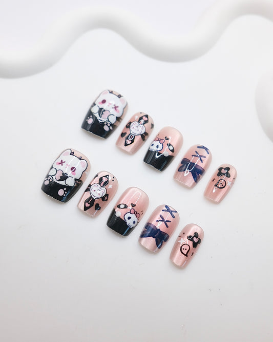 Short Coffin Pink Black Goth Kitty Skull Press On Nails