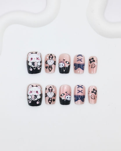 Short Coffin Pink Black Goth Kitty Skull Press On Nails