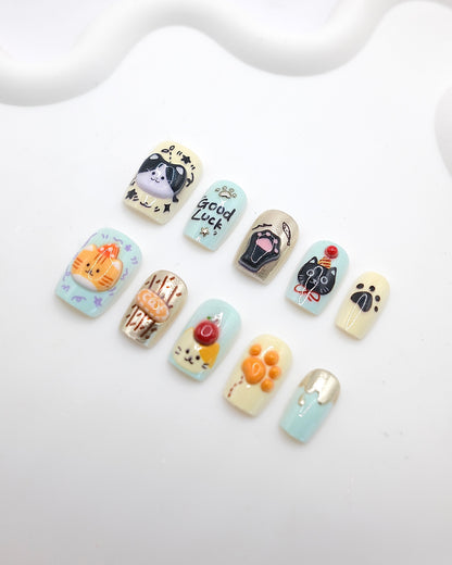 Short Coffin 3D Lucky Cat Paw Press On Nails