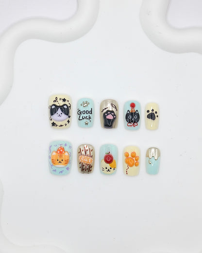 Short Coffin 3D Lucky Cat Paw Press On Nails