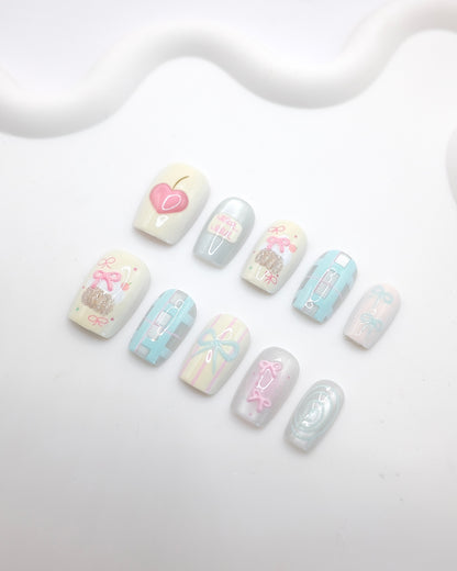 Short Coffin 3D Pastel Bow Peach Press On Nails
