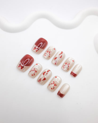 Short Coffin 3D Red Bow Heart Press On Nails