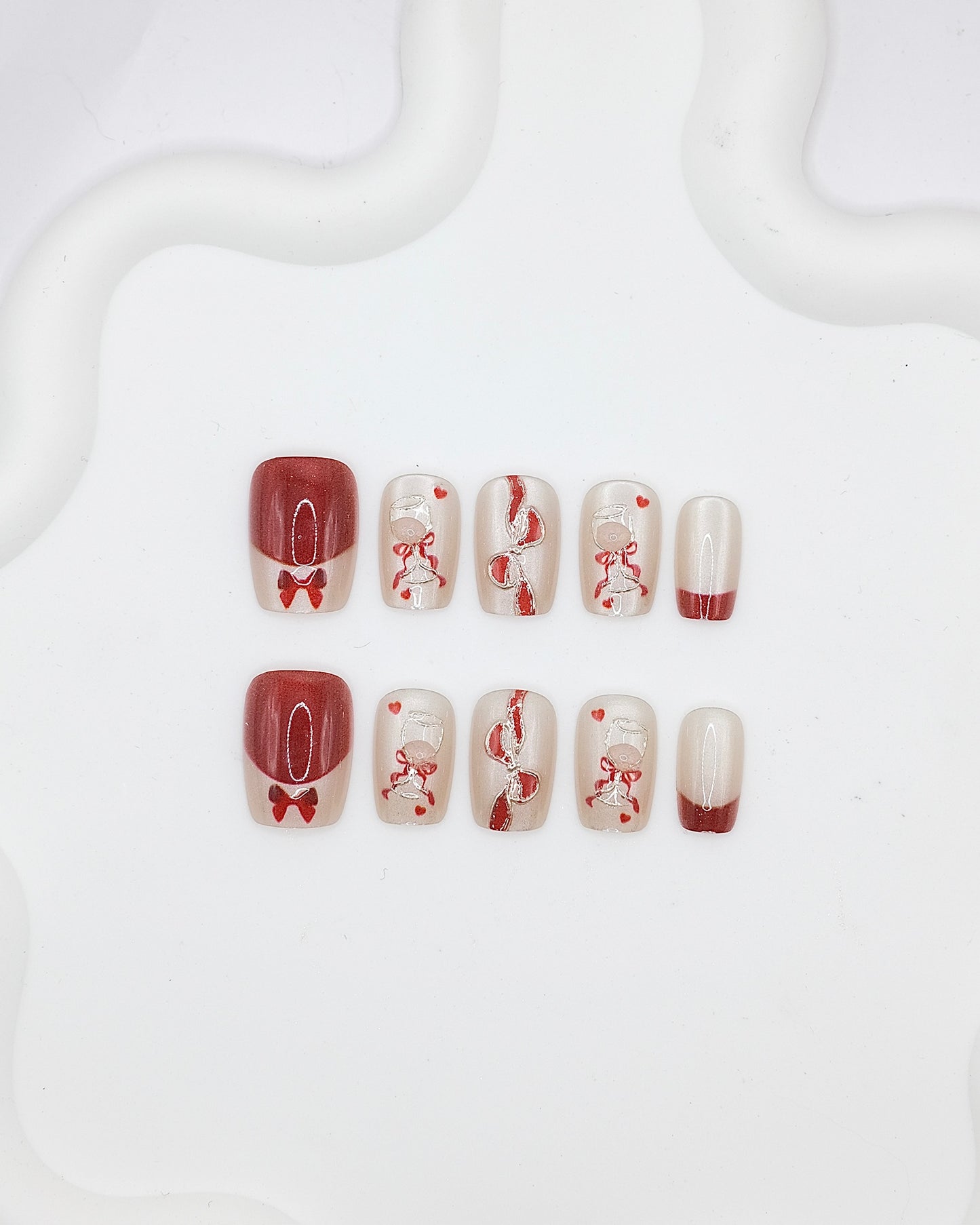 Short Coffin 3D Red Bow Heart Press On Nails