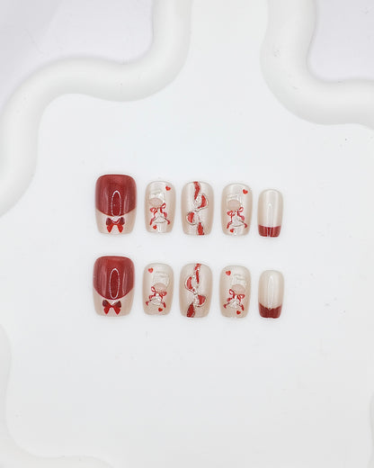 Short Coffin 3D Red Bow Heart Press On Nails