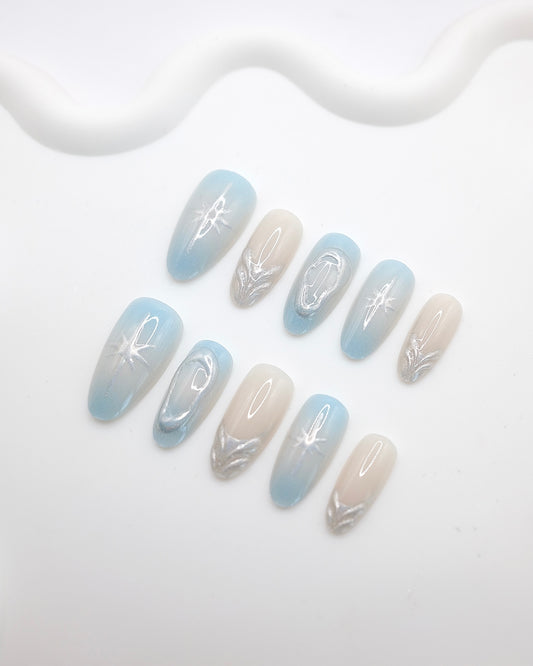 Long Almond 3D Blue Silver Chrome Press On Nails