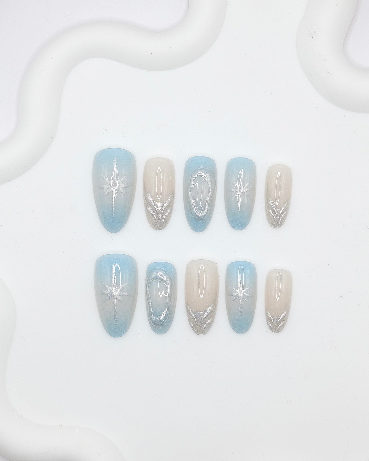 Long Almond 3D Blue Silver Chrome Press On Nails