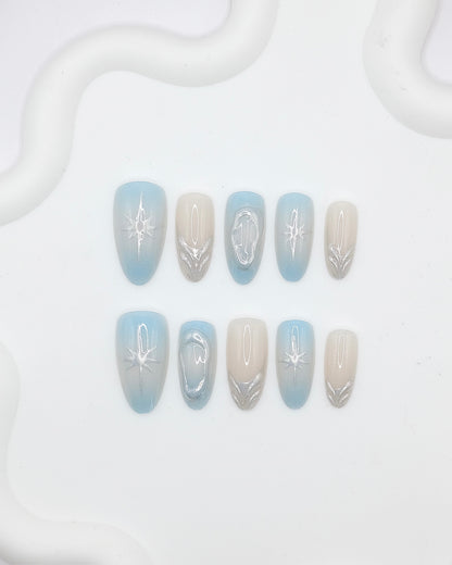 Long Almond 3D Blue Silver Chrome Press On Nails