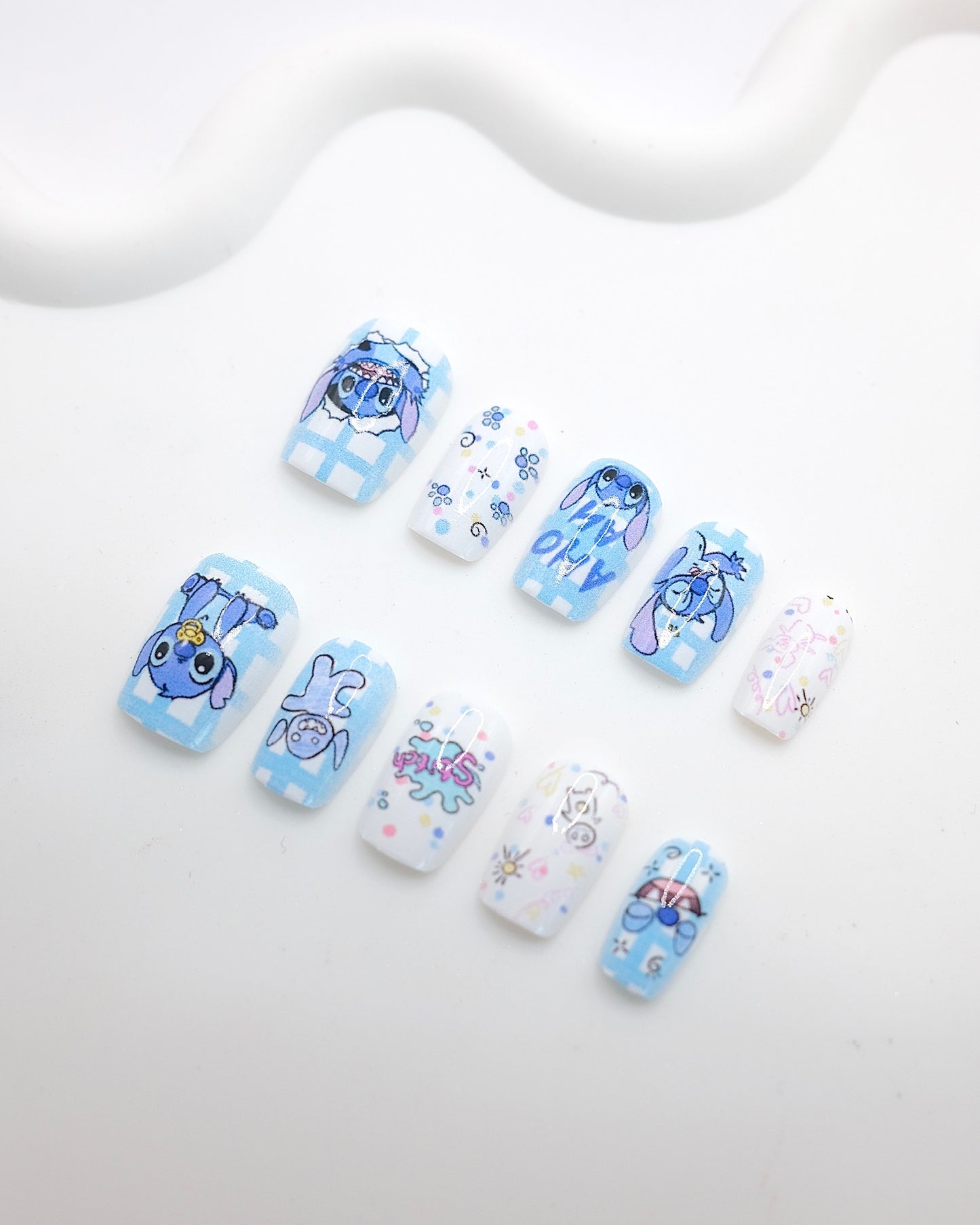 Short Coffin Blue Gingham Cartoon Press On Nails