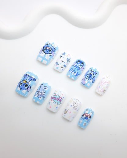 Short Coffin Blue Gingham Cartoon Press On Nails